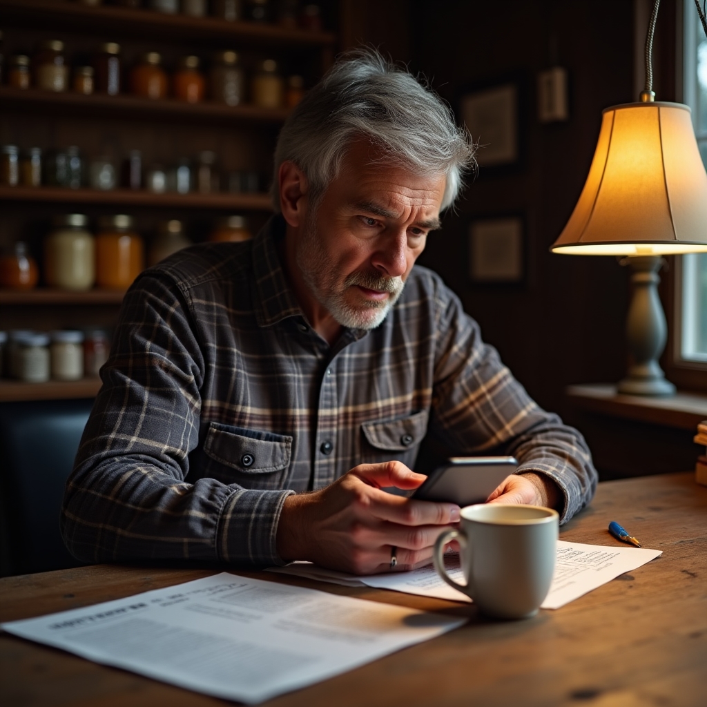 A farmer sitting at a wooden kitchen table, entering crop records on a smartphone