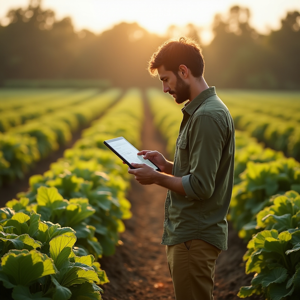 A farmer reviewing crop data on a tablet in a sunny field