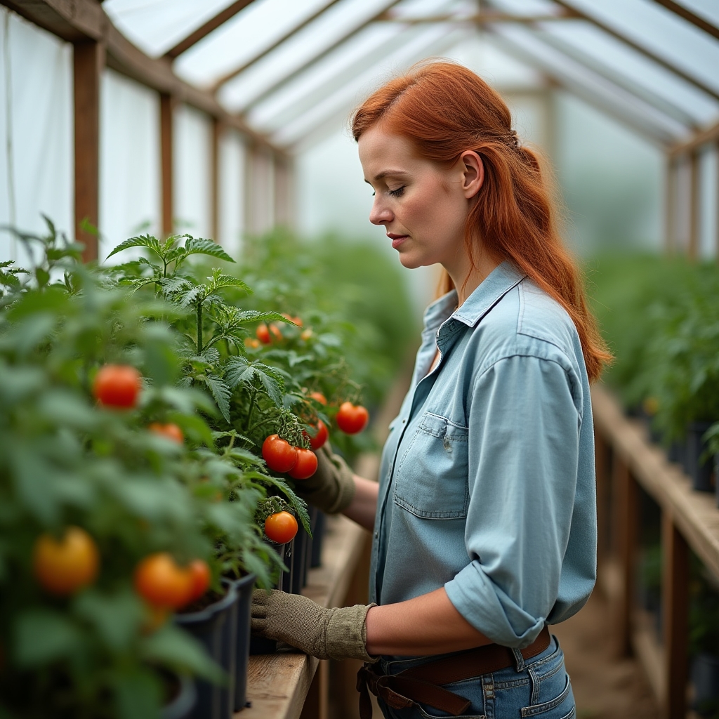 A woman inspecting tomato plants inside a small greenhouse, natural light filtering through