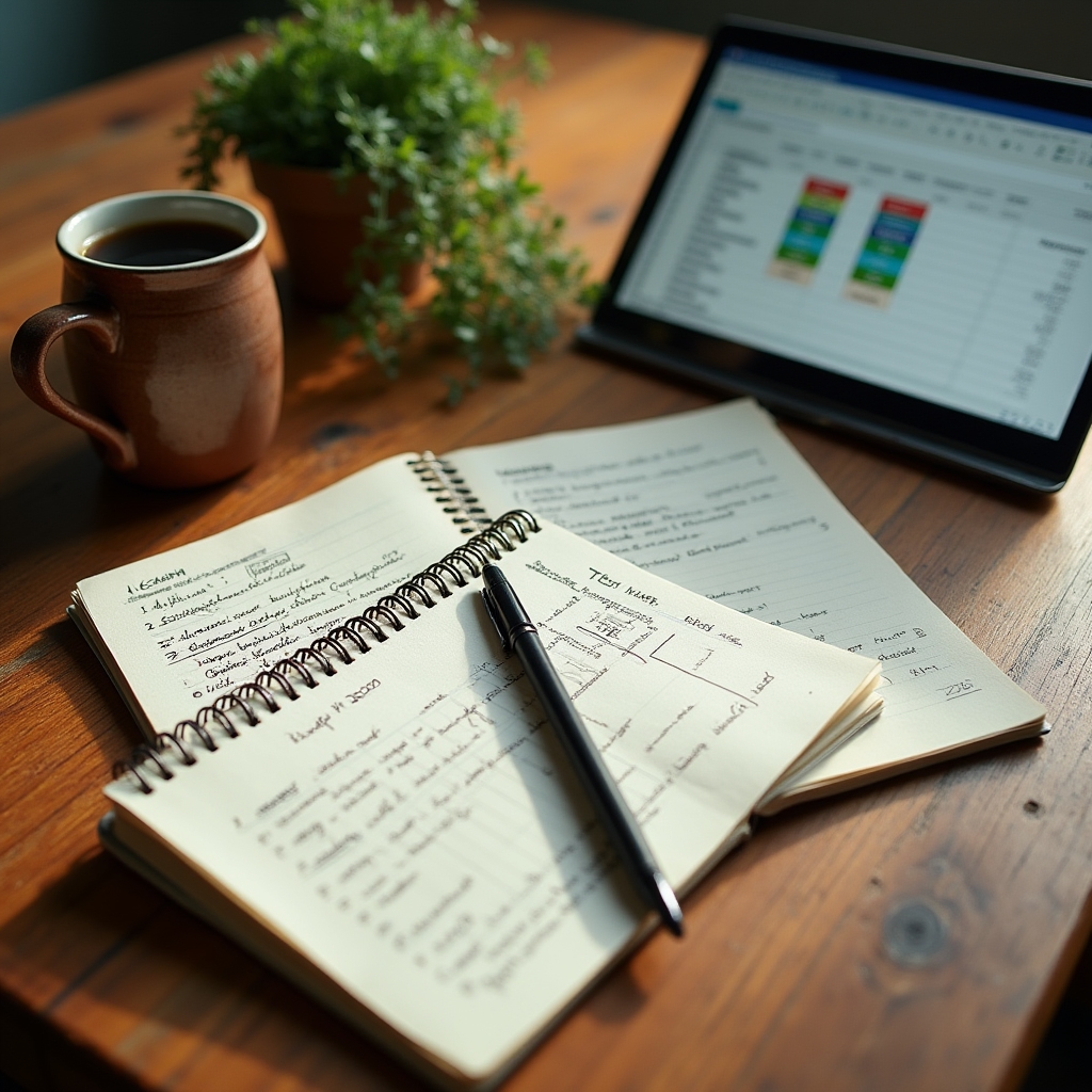Open farm notebook beside a laptop showing a simple spreadsheet