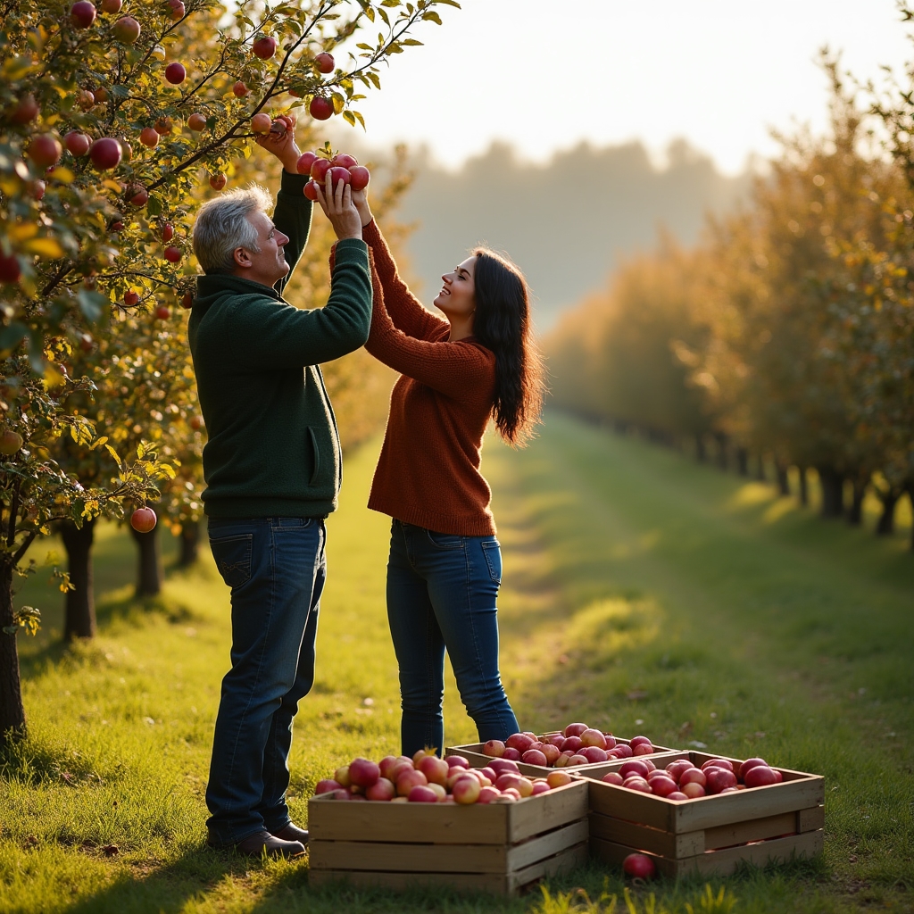 Two people picking apples in an orchard, wooden crates stacked nearby