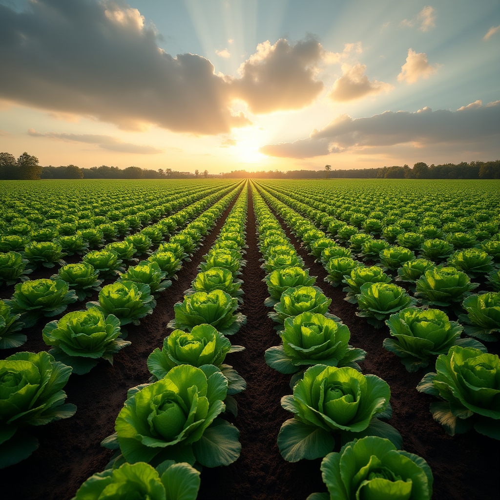 Long rows of leafy green vegetables in a well-tended field under a partly cloudy sky